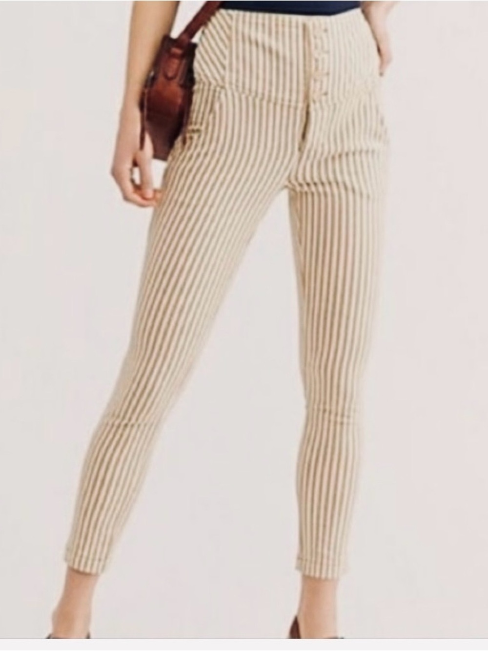 Free People Beige and White Striped High-Rise Skinny Pants